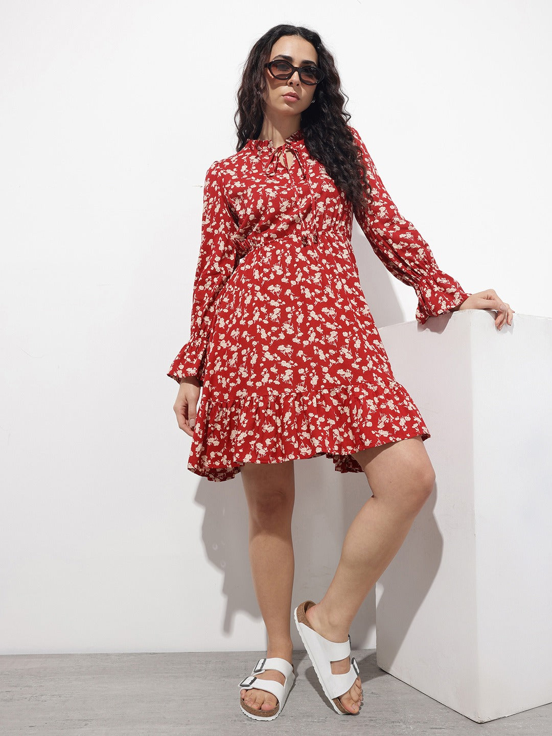 Women’s Maroon Floral Printed Viscose Rayon Fit & Flare Midi Dress