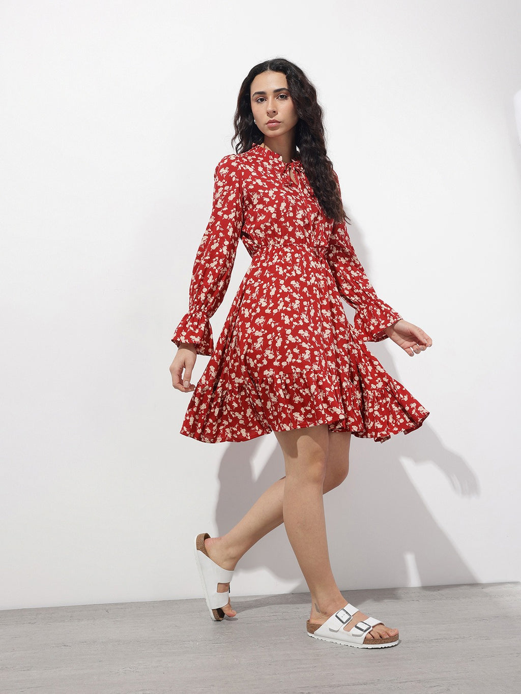Women’s Maroon Floral Printed Viscose Rayon Fit & Flare Midi Dress