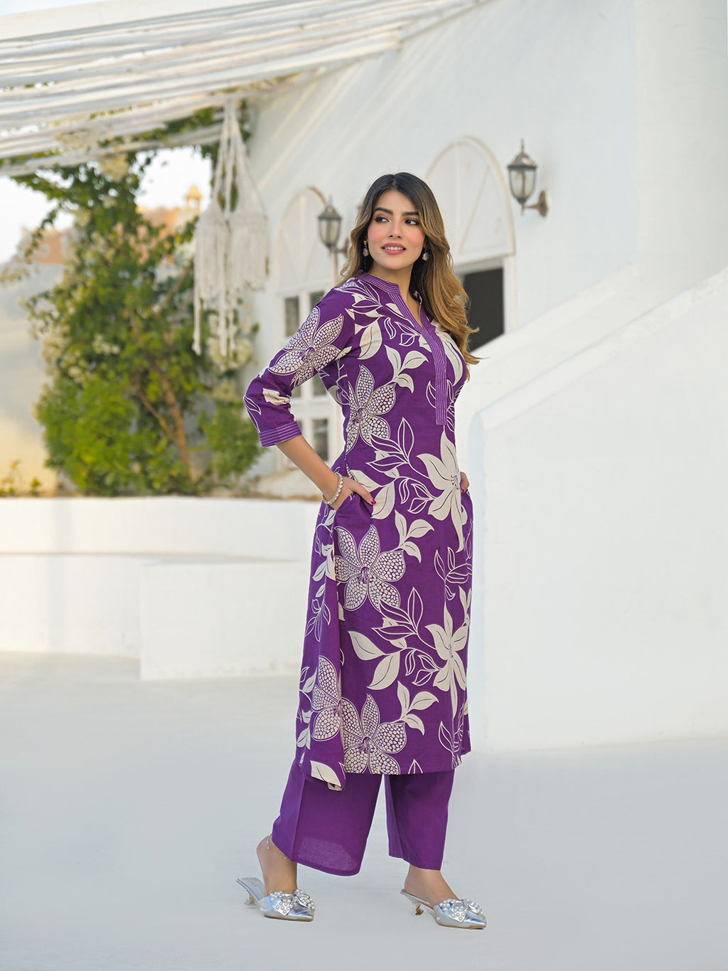 Women’s Purple Floral Printed Pure Cotton Kurta with Palazzo Set