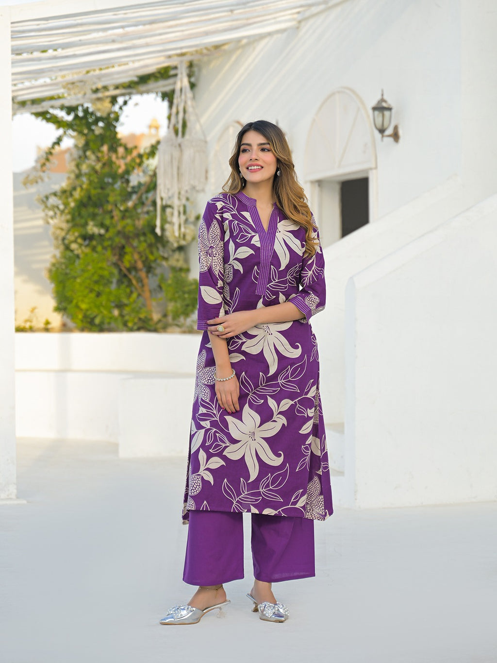 Women’s Purple Floral Printed Pure Cotton Kurta with Palazzo Set