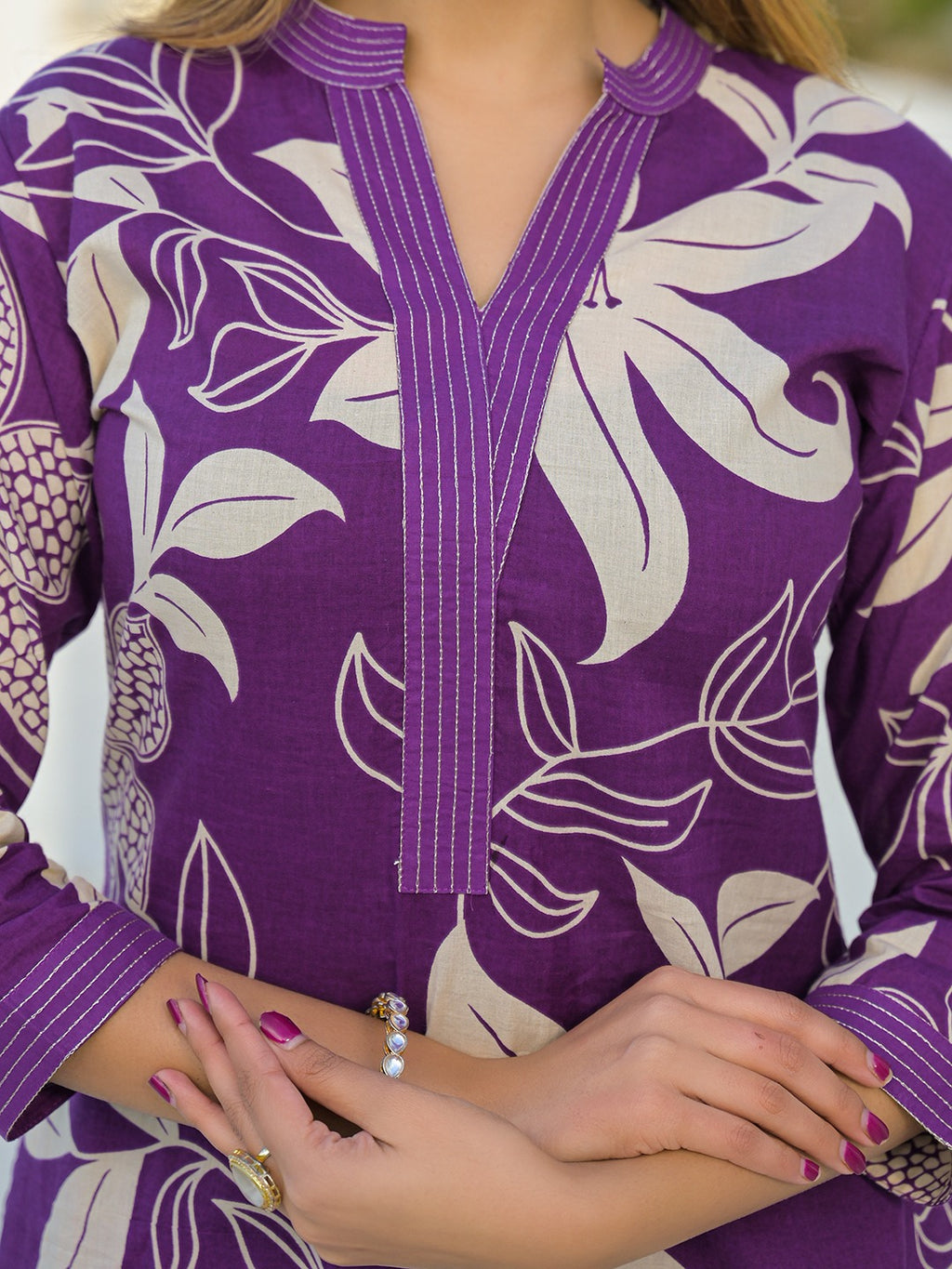 Women’s Purple Floral Printed Pure Cotton Kurta with Palazzo Set