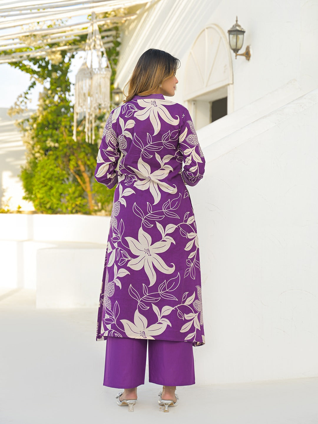 Women’s Purple Floral Printed Pure Cotton Kurta with Palazzo Set