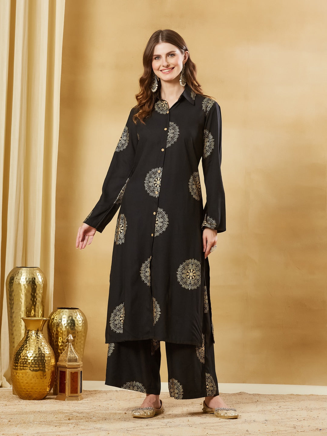 Women’s Black Foil Print Viscose Rayon Kurta Set