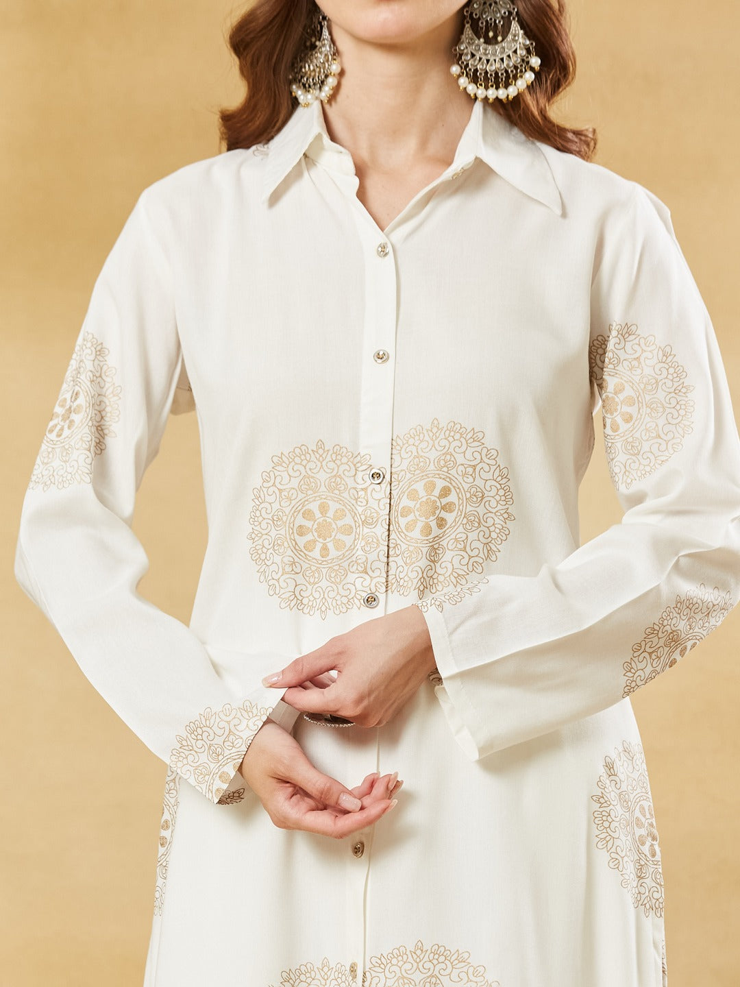 Women’s White Foil Print Viscose Rayon Kurta Set