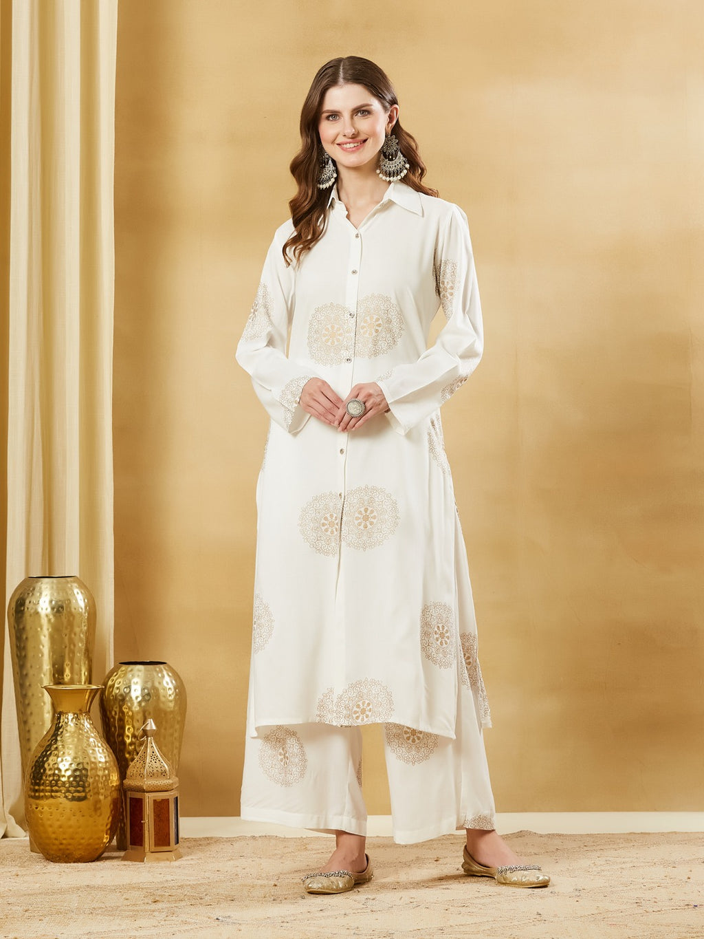 Women’s White Foil Print Viscose Rayon Kurta Set