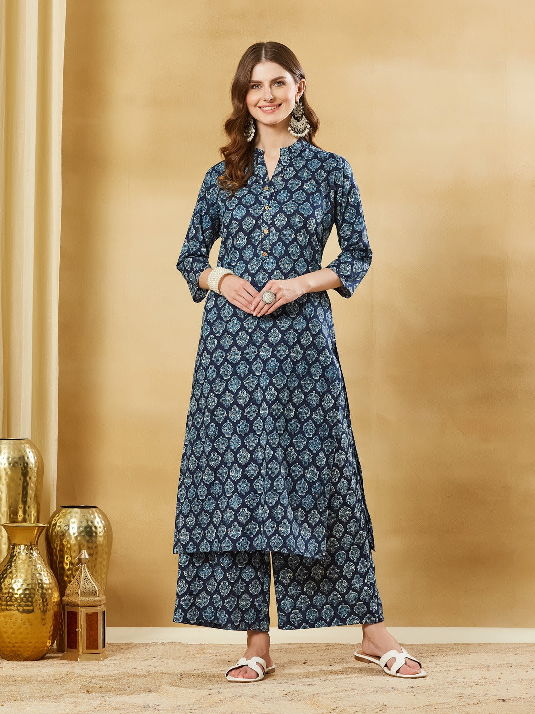 Women’s Blue Pure Cotton Kurta Palazzo Set