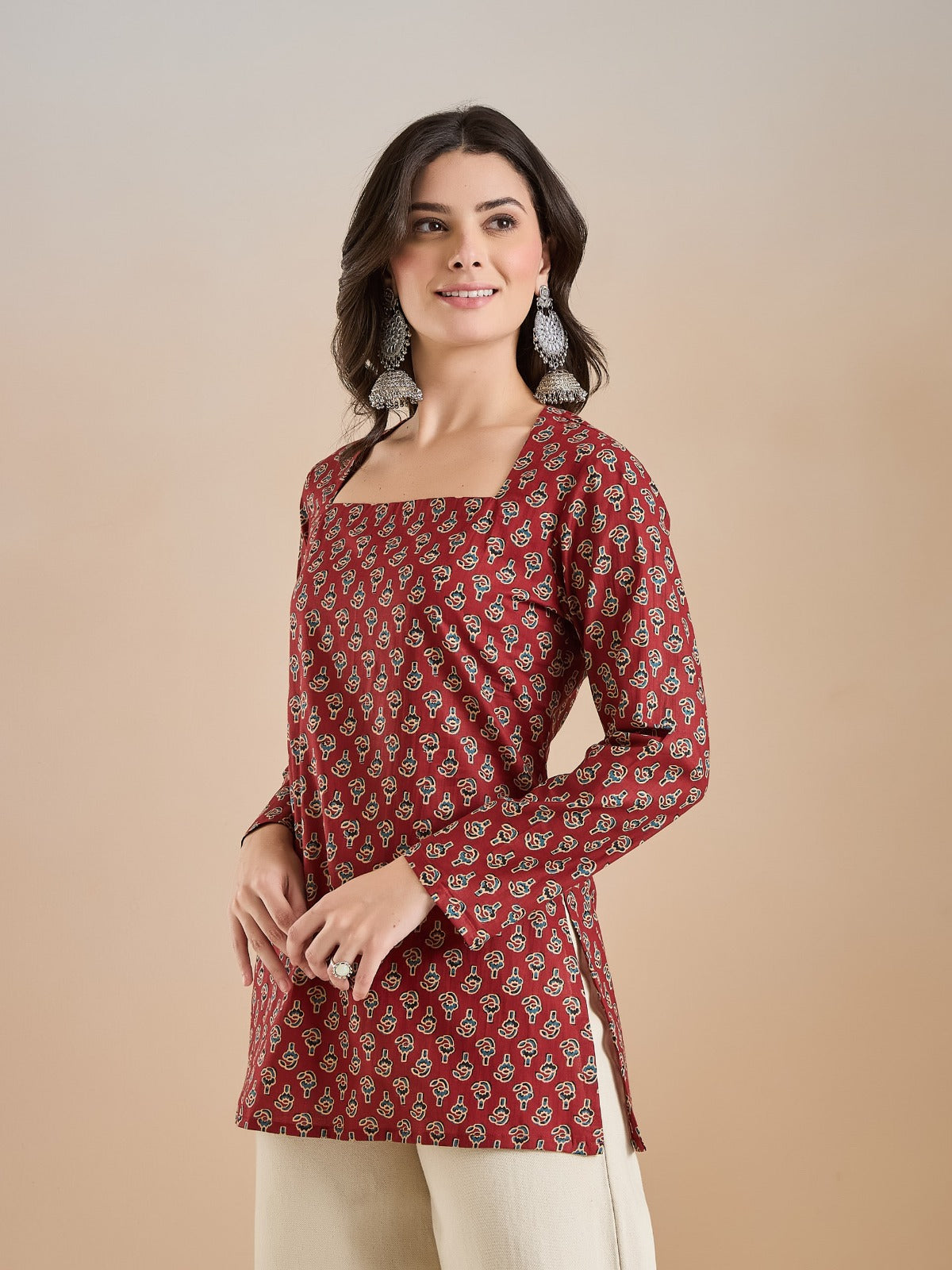 Women’s Maroon Floral Print Pure Cotton Square Neck Top