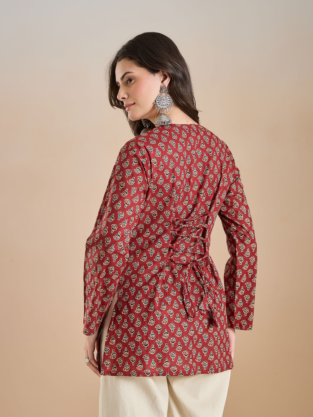 Women’s Maroon Floral Print Pure Cotton Square Neck Top