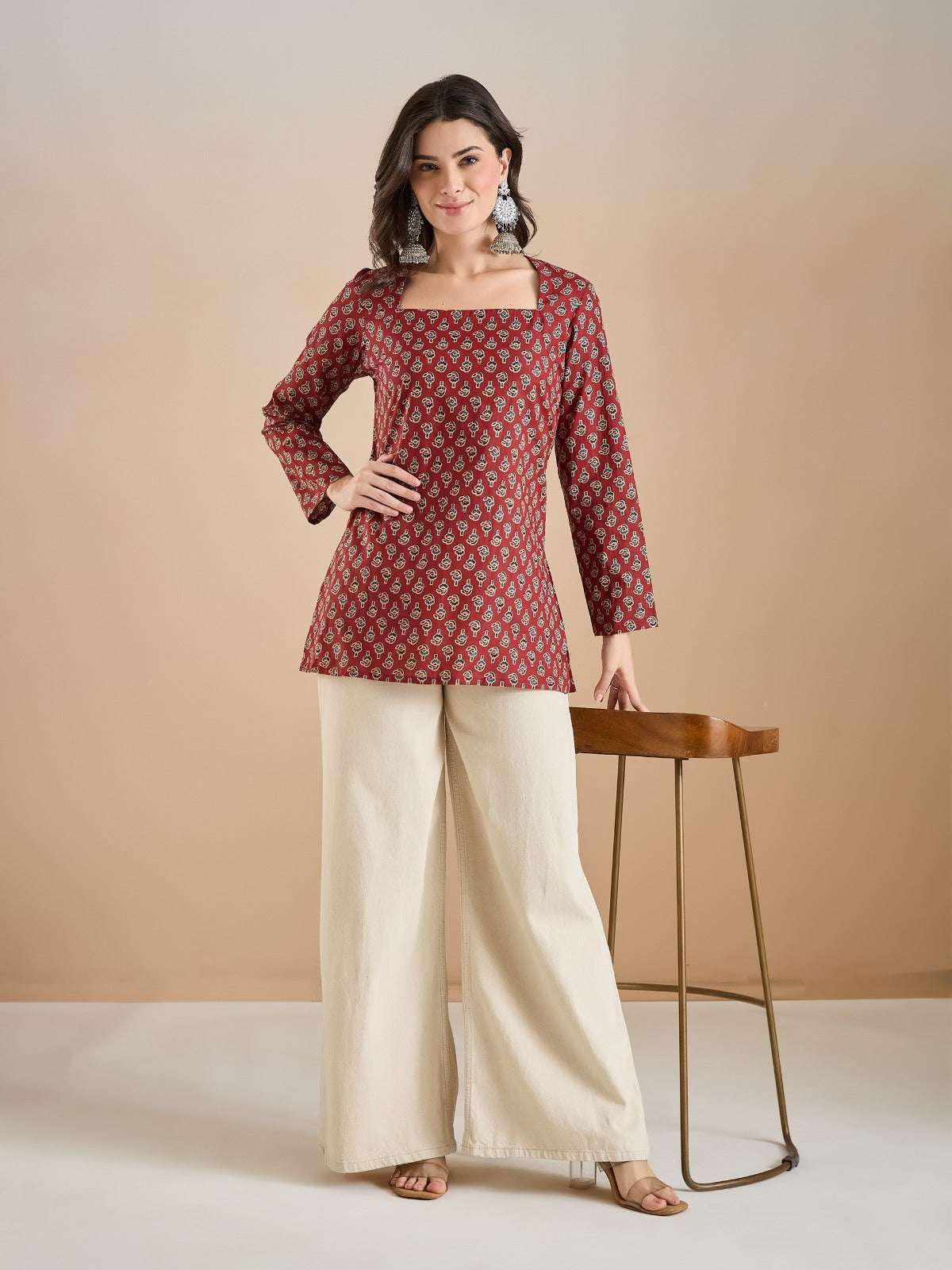 Women’s Maroon Floral Print Pure Cotton Square Neck Top