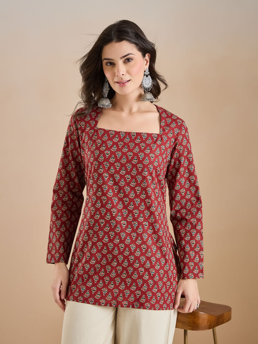 Women’s Maroon Floral Print Pure Cotton Square Neck Top