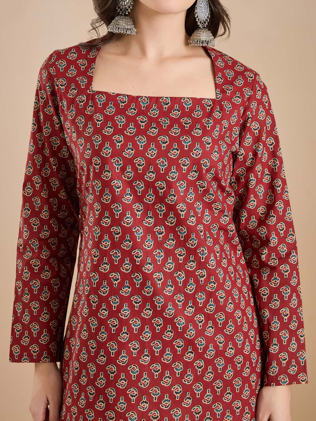Women’s Maroon Floral Print Pure Cotton Square Neck Top