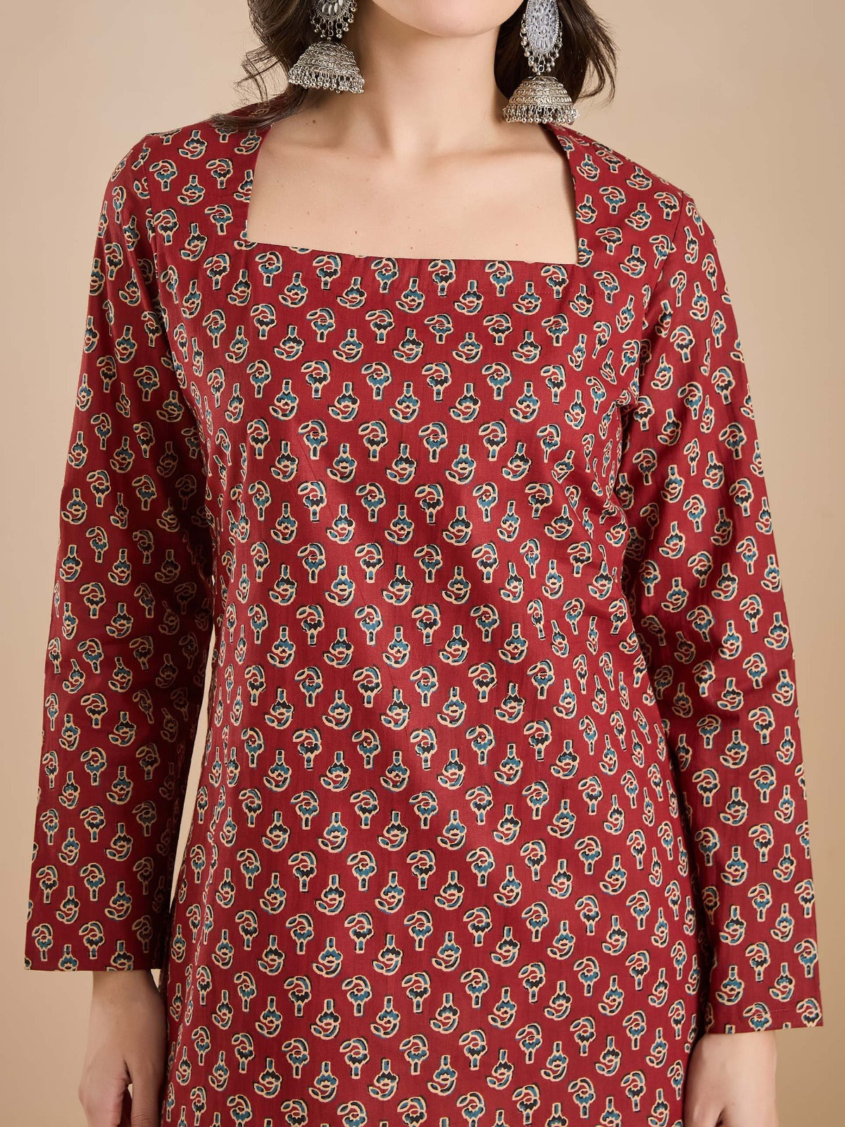 Women’s Maroon Floral Print Pure Cotton Square Neck Top