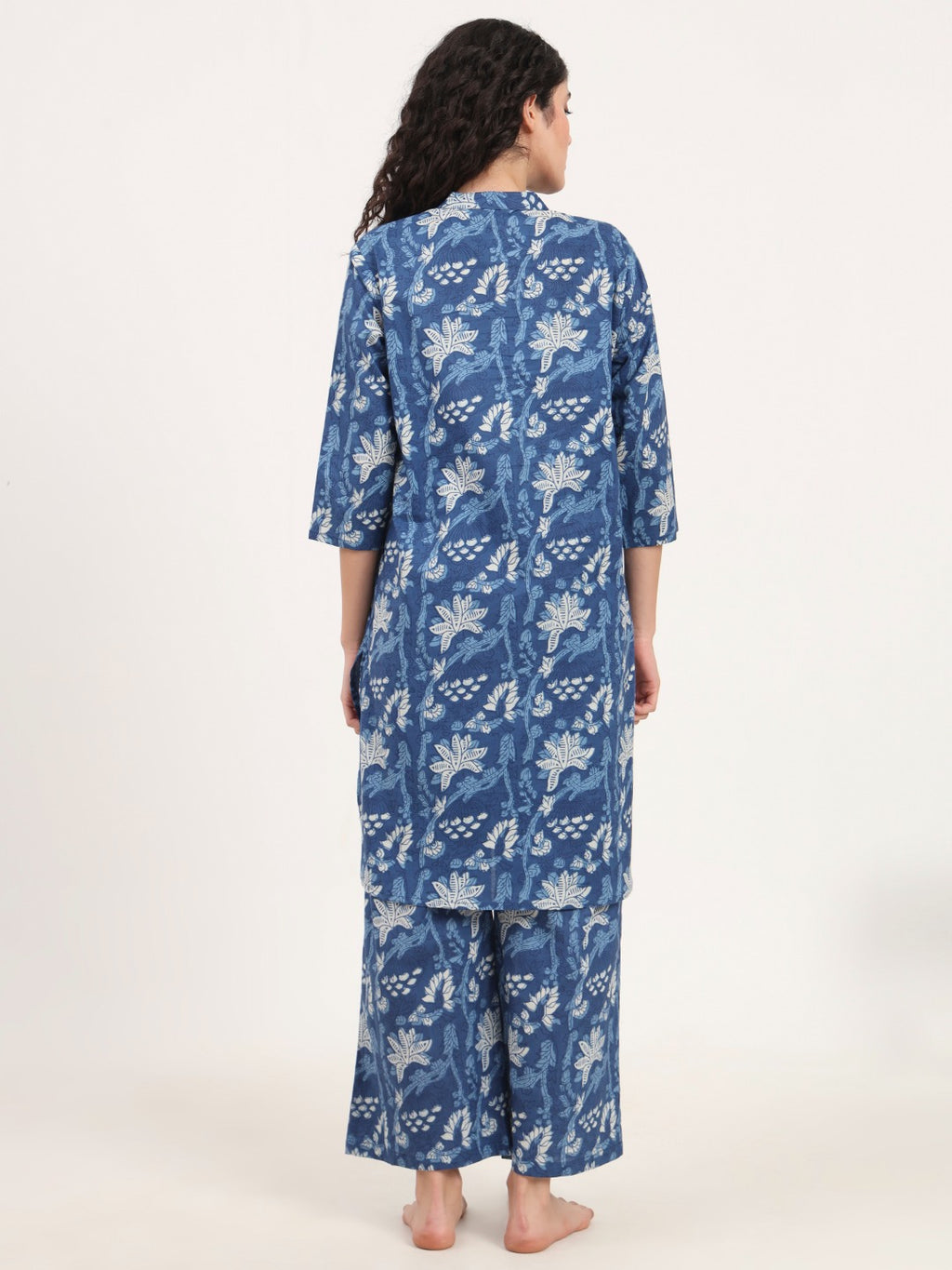 Women’s Indigo Blue Printed Pure Cotton V-Neck Set