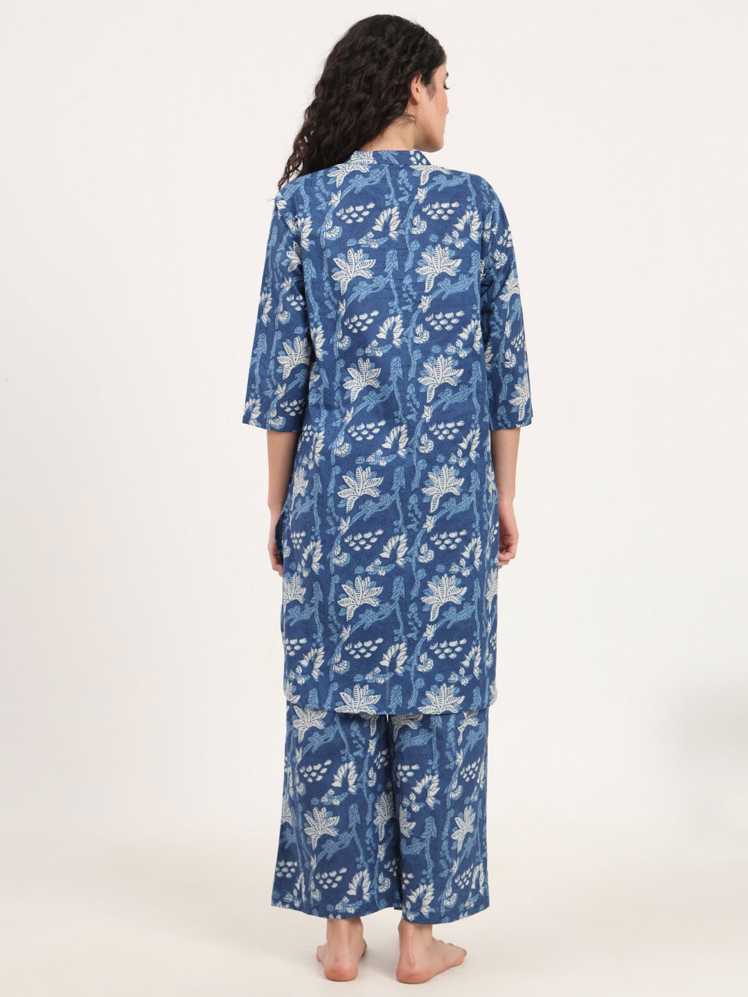Women’s Indigo Blue Printed Pure Cotton V-Neck Set