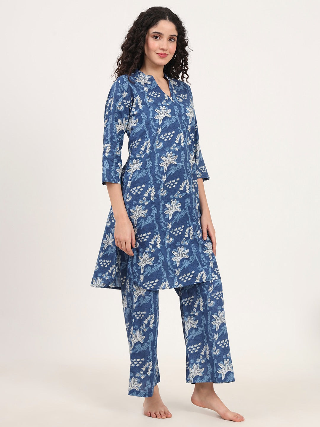 Women’s Indigo Blue Printed Pure Cotton V-Neck Set