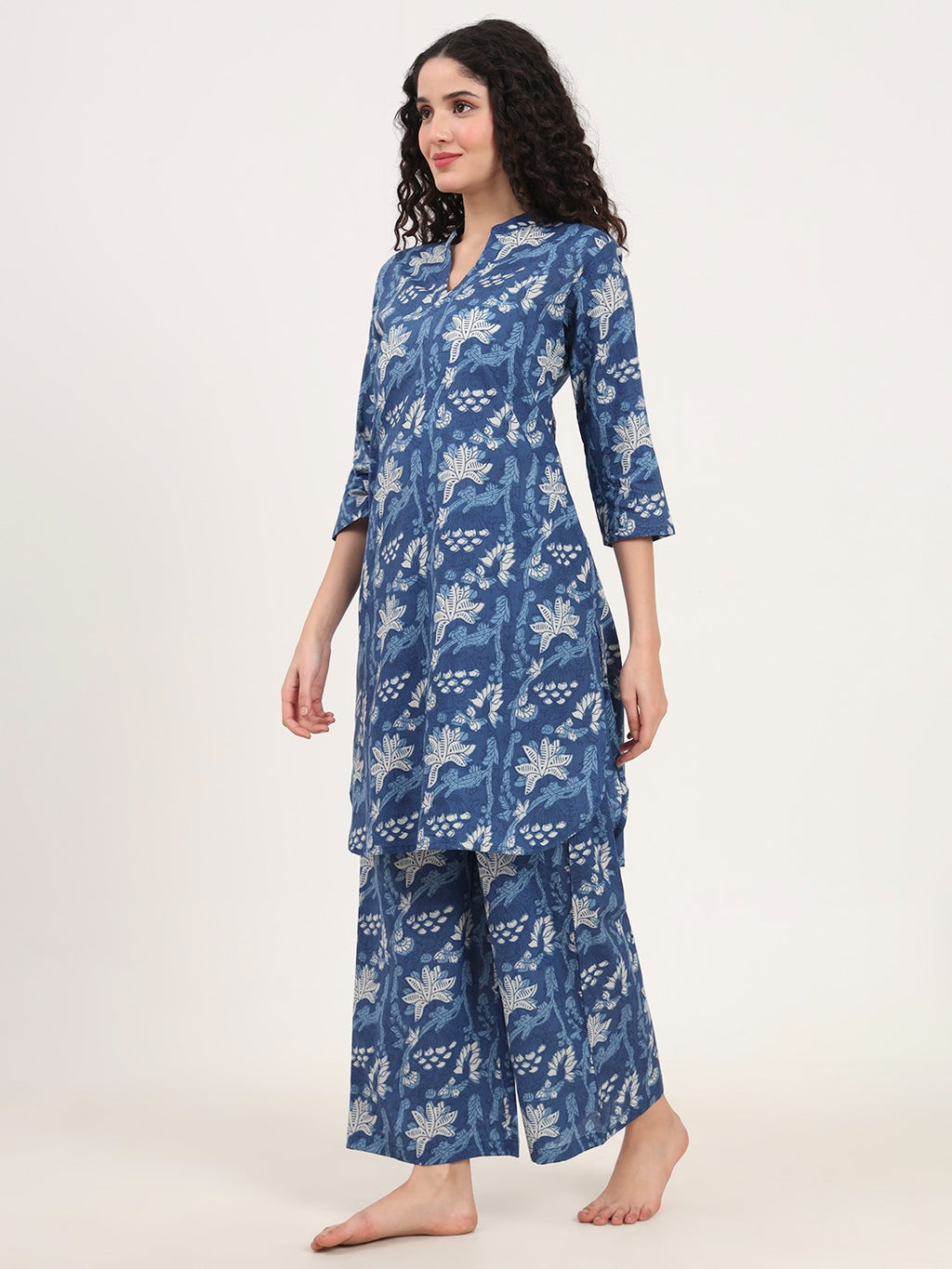 Women’s Indigo Blue Printed Pure Cotton V-Neck Set