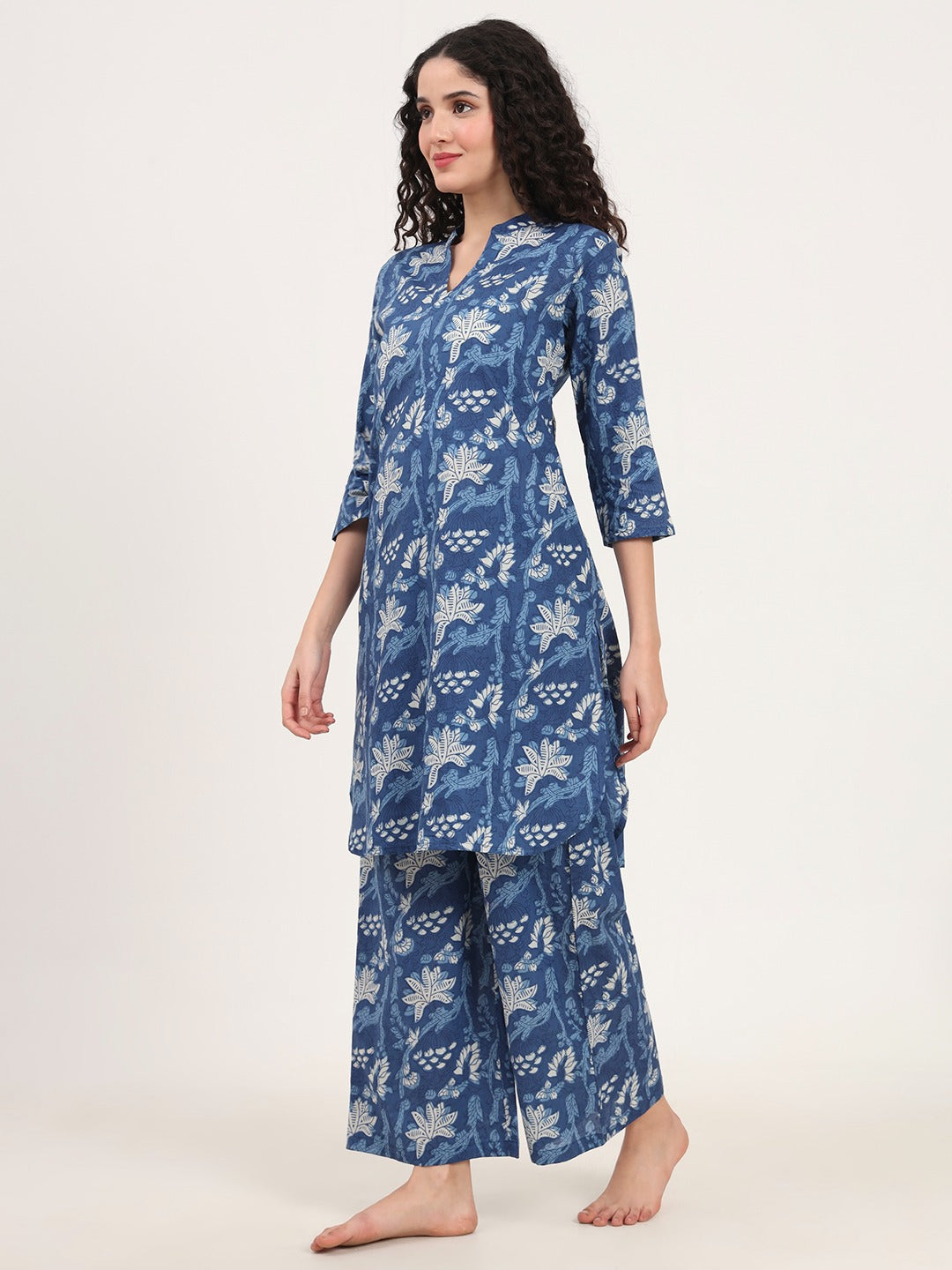 Women’s Indigo Blue Printed Pure Cotton V-Neck Set