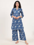Women’s Indigo Blue Printed Pure Cotton V-Neck Set