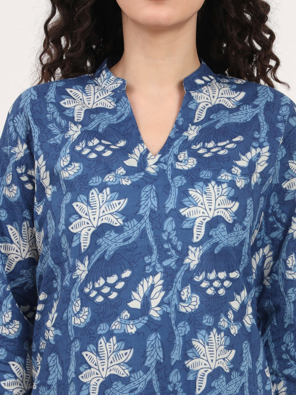 Women’s Indigo Blue Printed Pure Cotton V-Neck Set