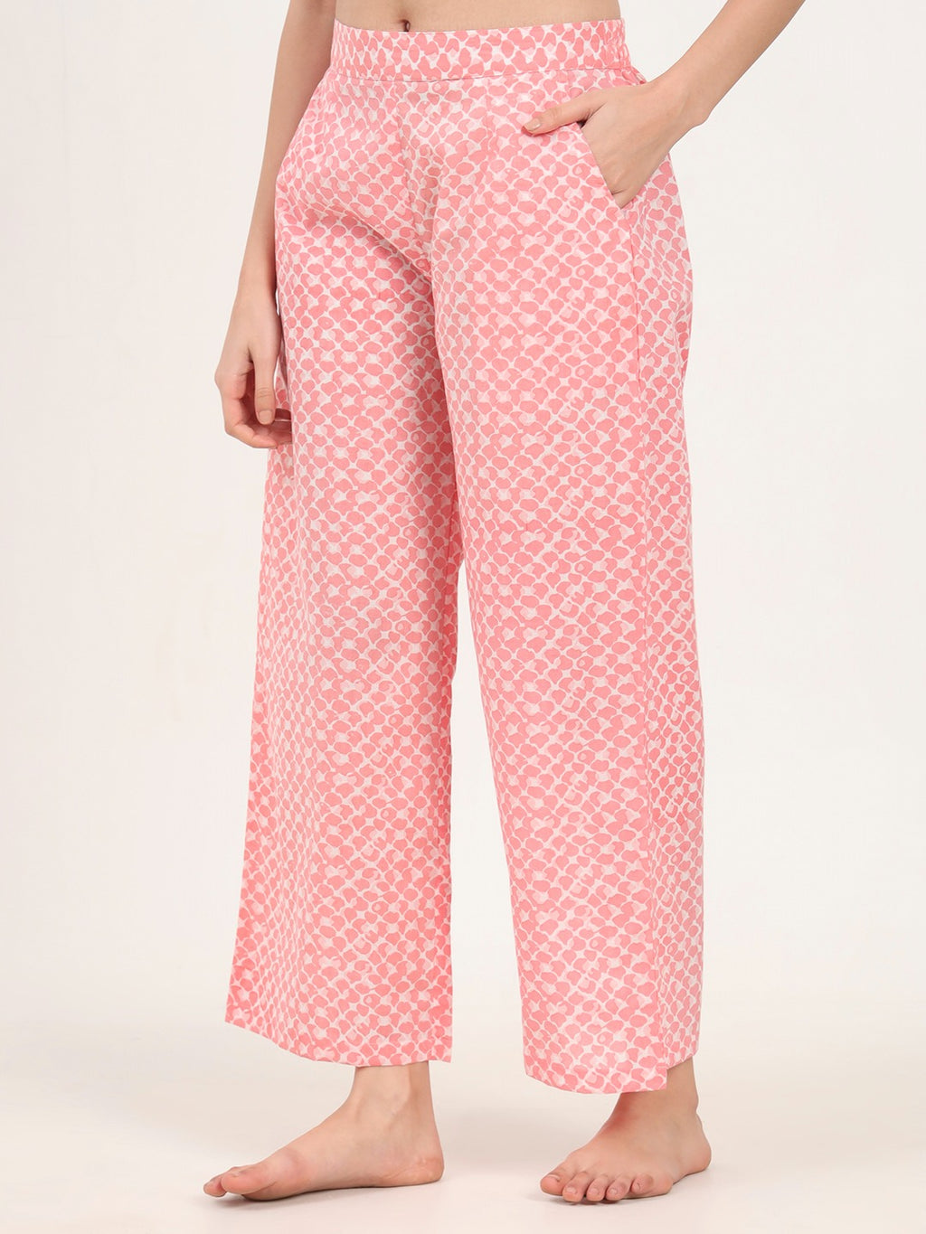 Women’s Light Pink Printed Pure Cotton V-Neck Set