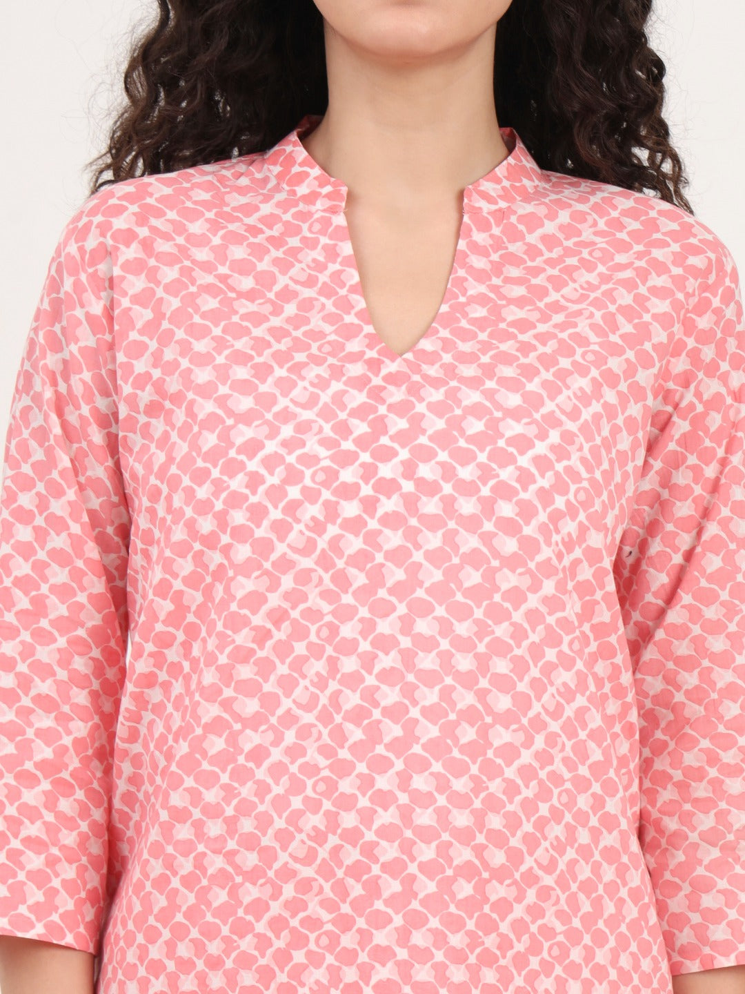 Women’s Light Pink Printed Pure Cotton V-Neck Set