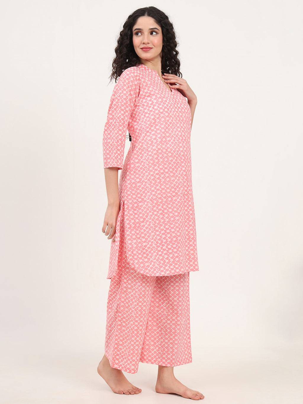 Women’s Light Pink Printed Pure Cotton V-Neck Set