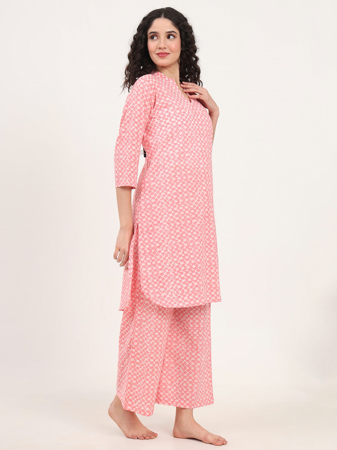 Women’s Light Pink Printed Pure Cotton V-Neck Set