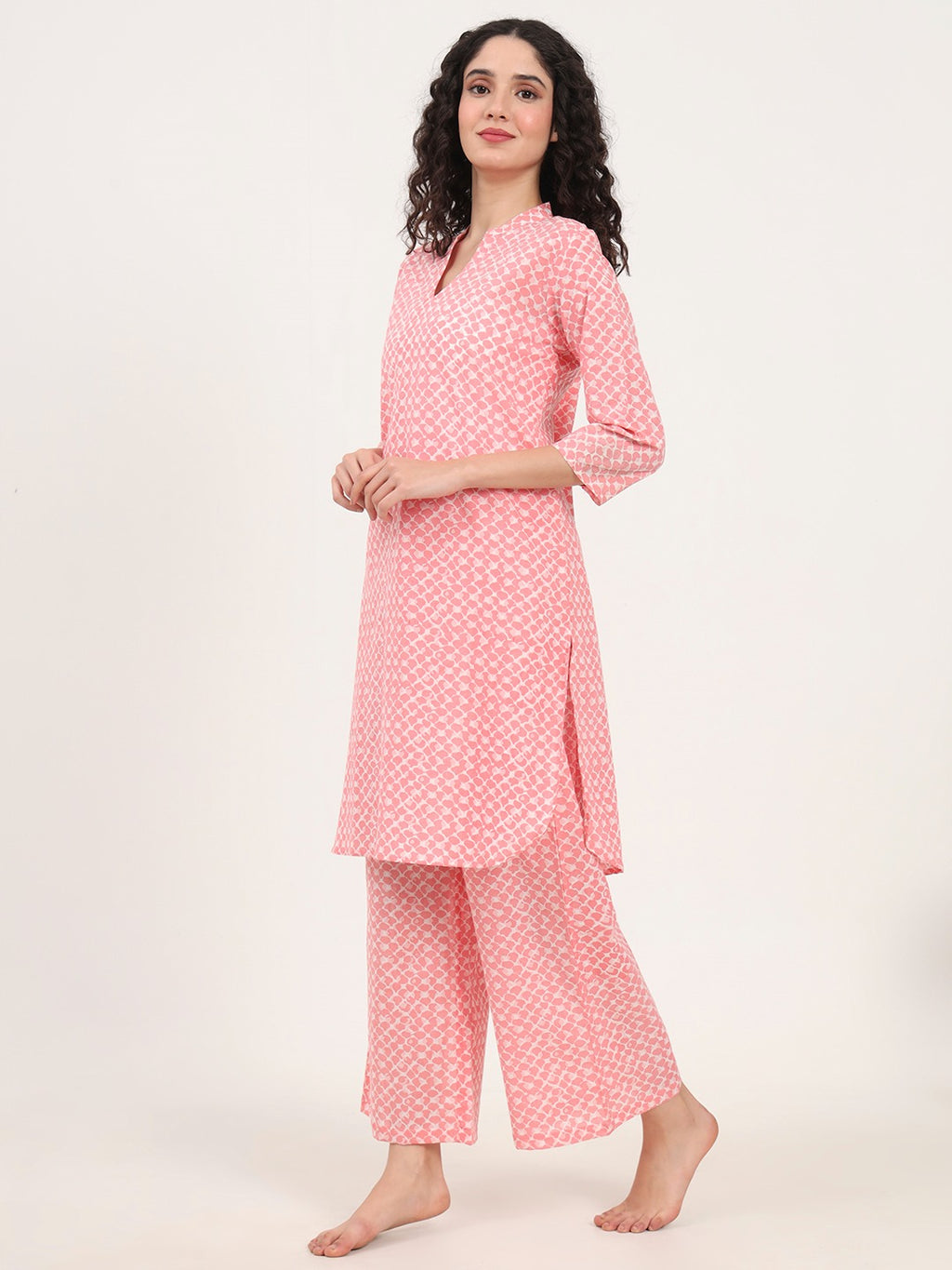 Women’s Light Pink Printed Pure Cotton V-Neck Set