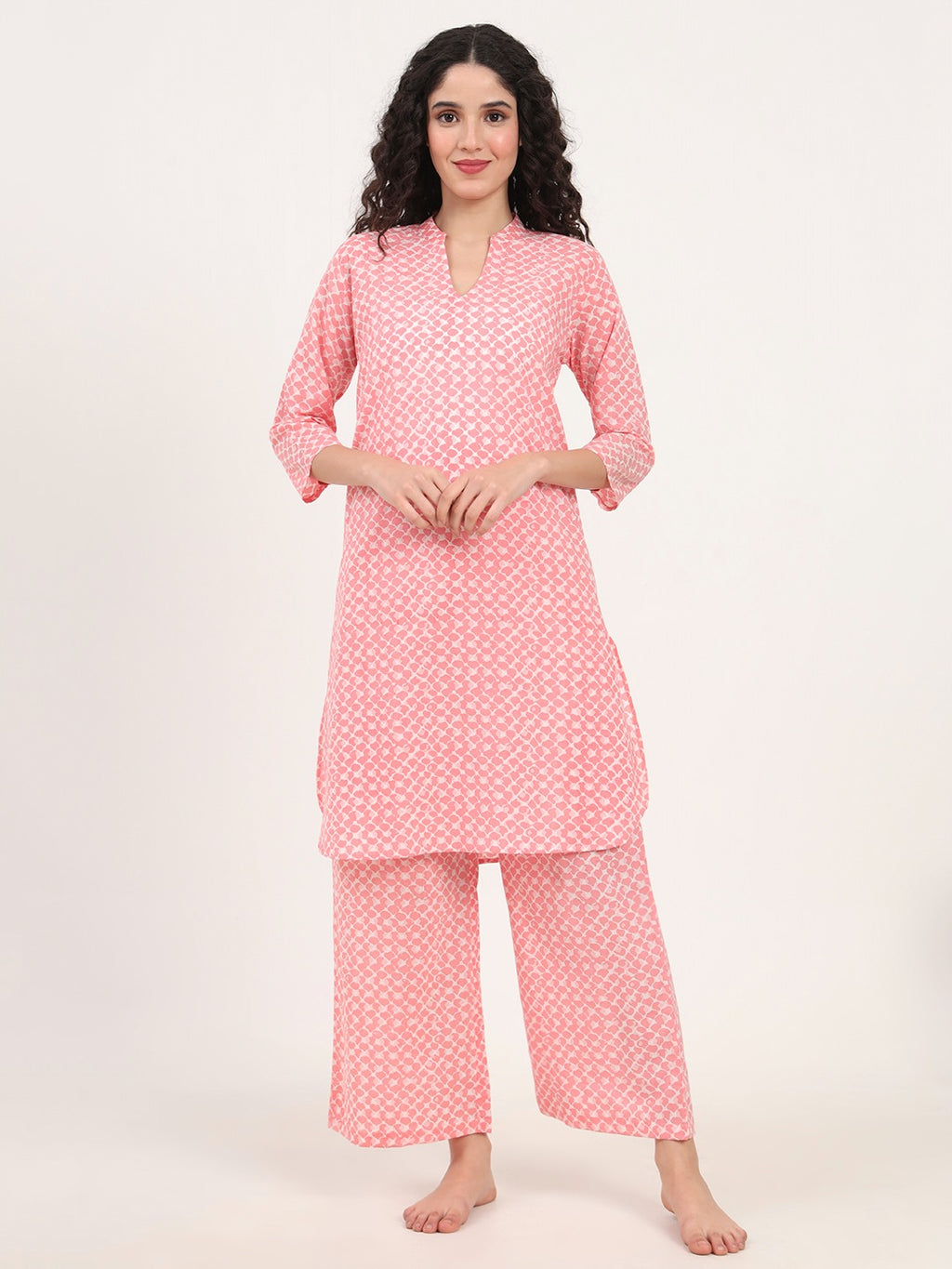 Women’s Light Pink Printed Pure Cotton V-Neck Set