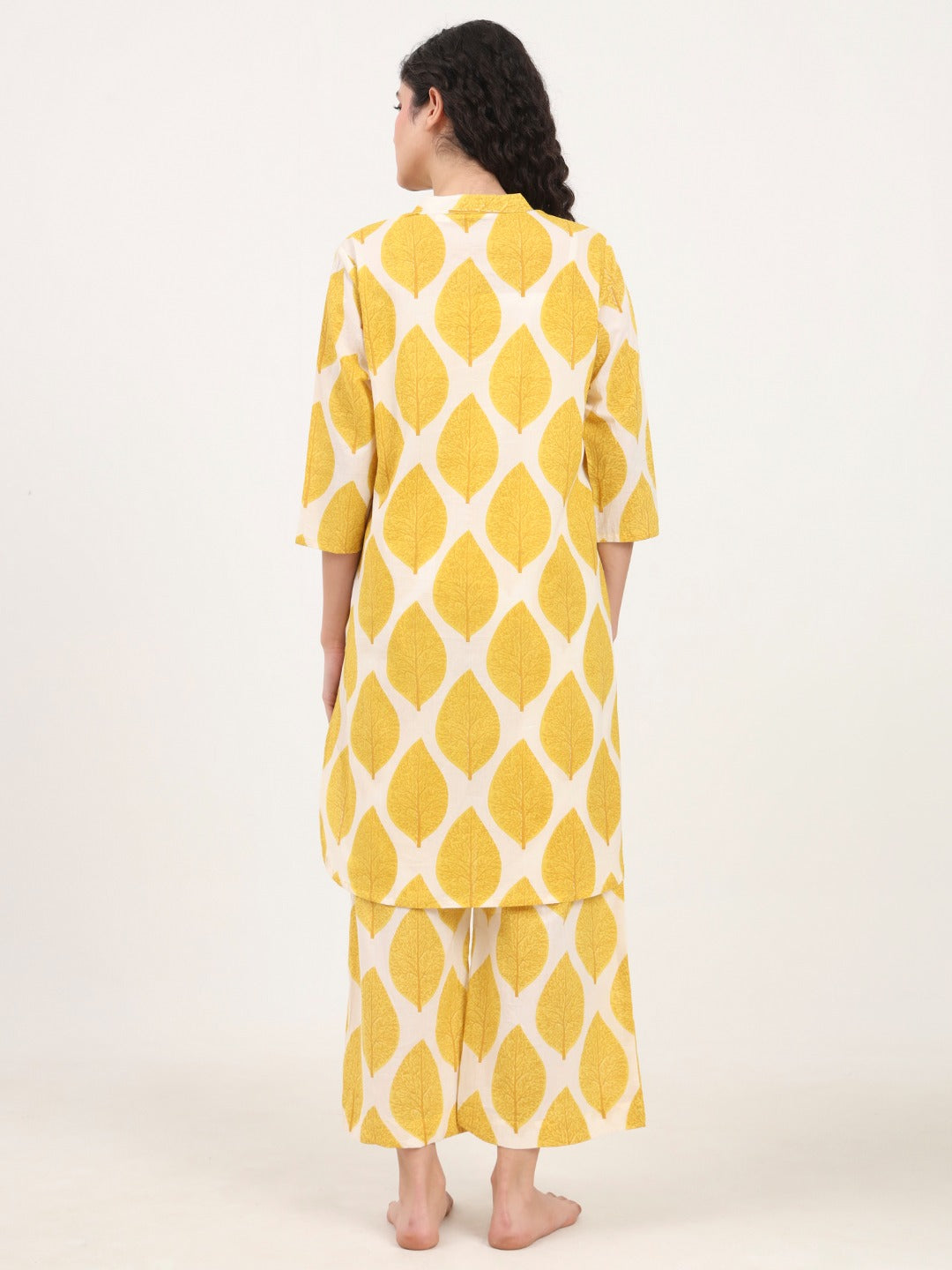 Women’s Yellow Printed Pure Cotton V-Neck Set