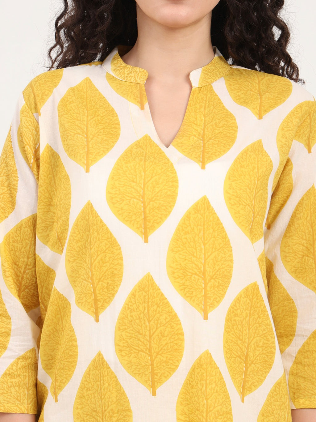 Women’s Yellow Printed Pure Cotton V-Neck Set