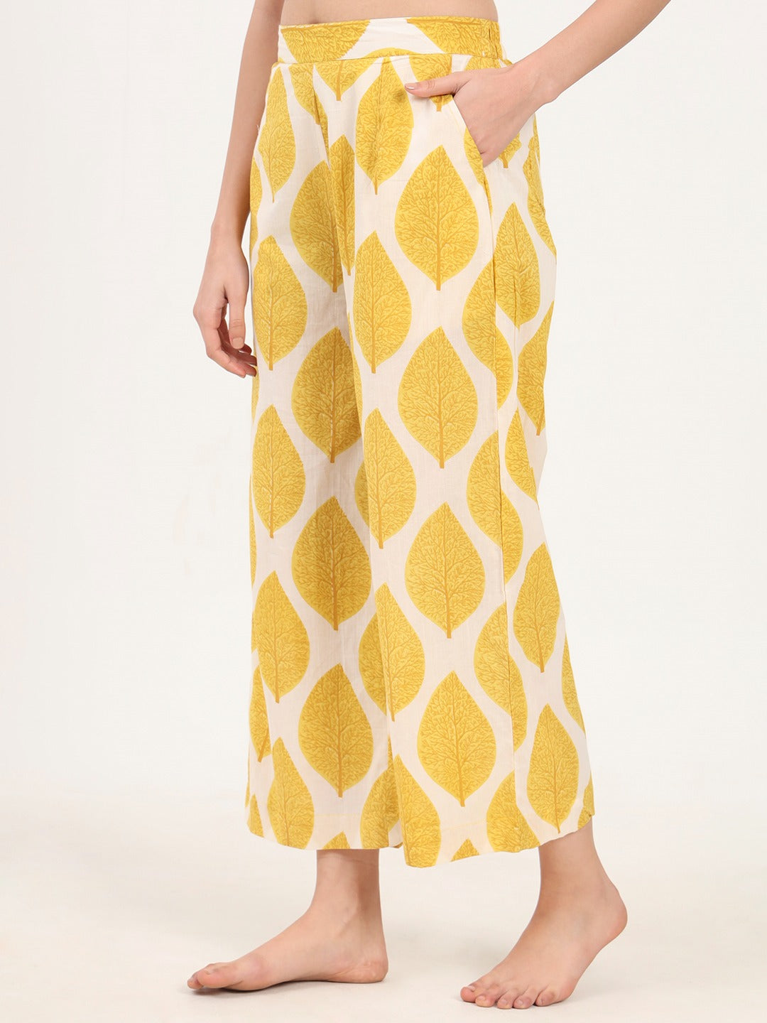 Women’s Yellow Printed Pure Cotton V-Neck Set