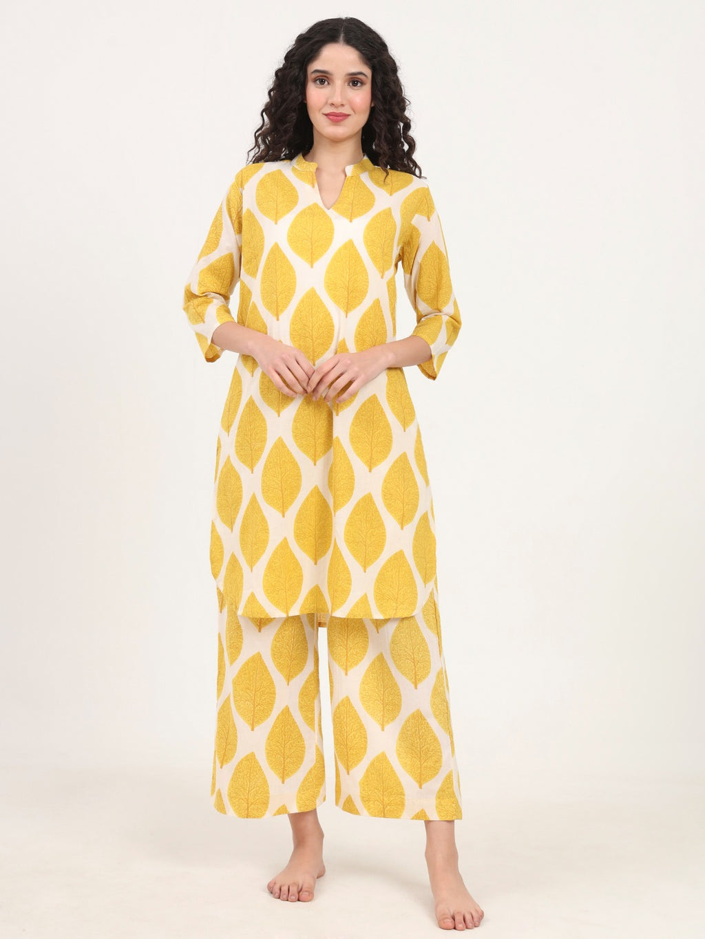 Women’s Yellow Printed Pure Cotton V-Neck Set