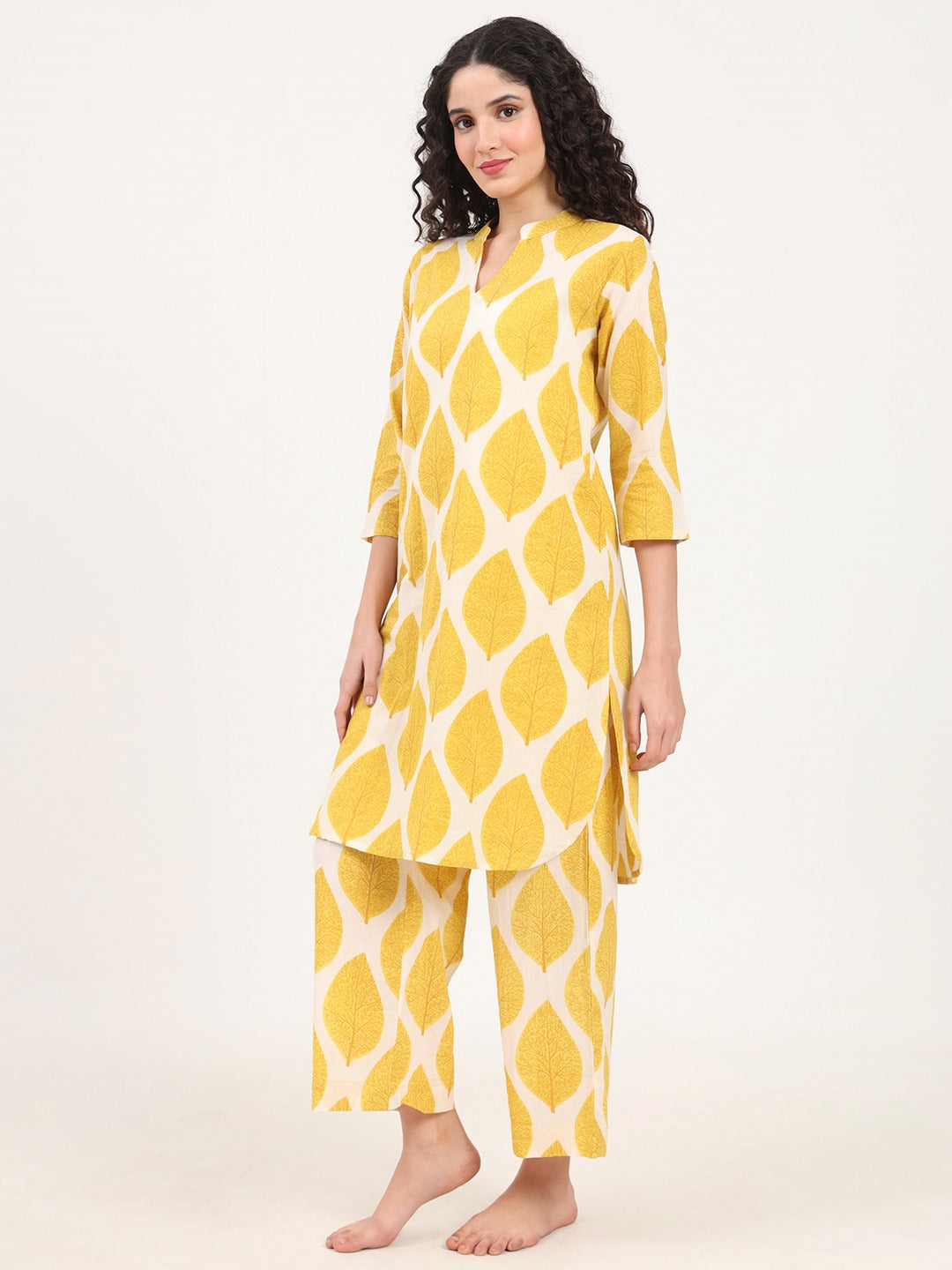 Women’s Yellow Printed Pure Cotton V-Neck Set