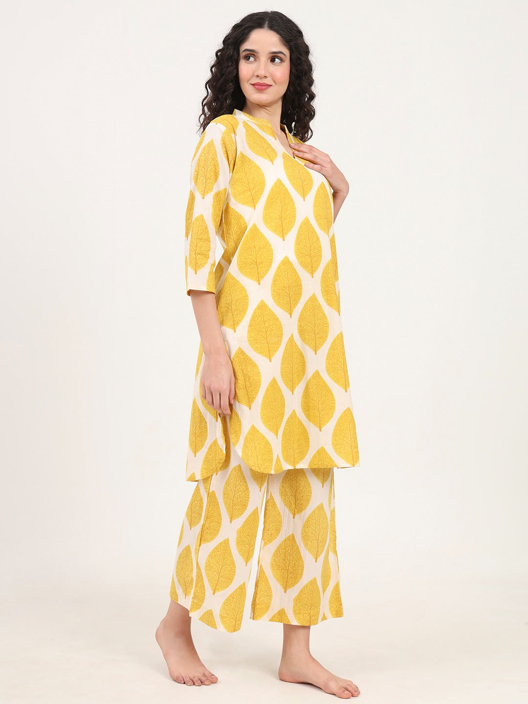 Women’s Yellow Printed Pure Cotton V-Neck Set