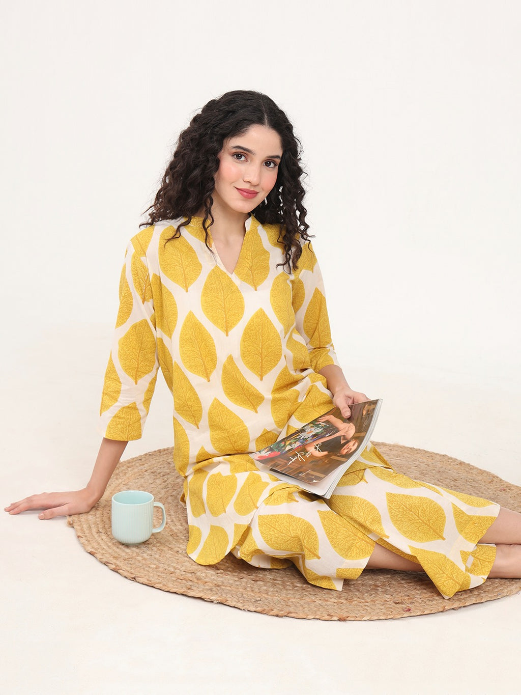 Women’s Yellow Printed Pure Cotton V-Neck Set