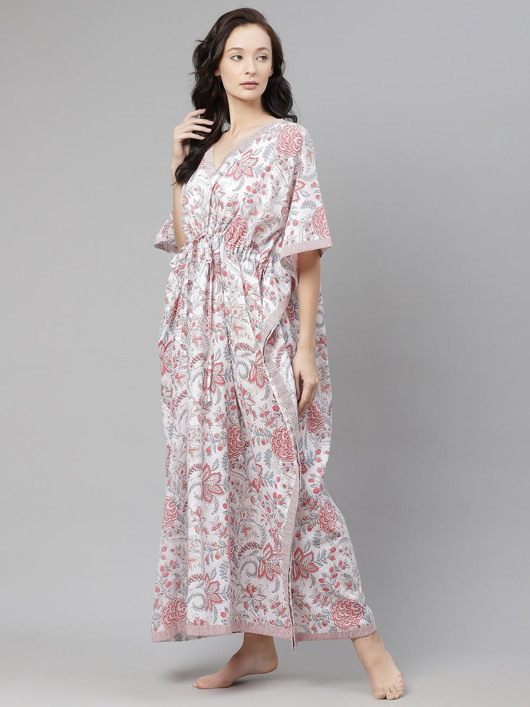 Women’s White & Pink Floral Print Cotton Maxi Kaftan PRICE: