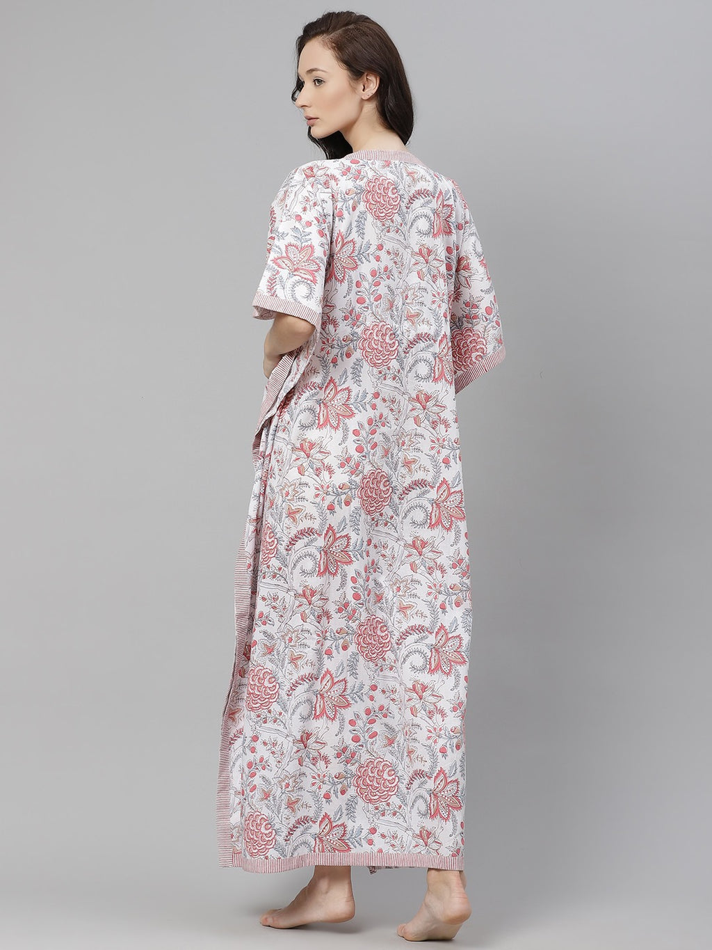 Women’s White & Pink Floral Print Cotton Maxi Kaftan PRICE:
