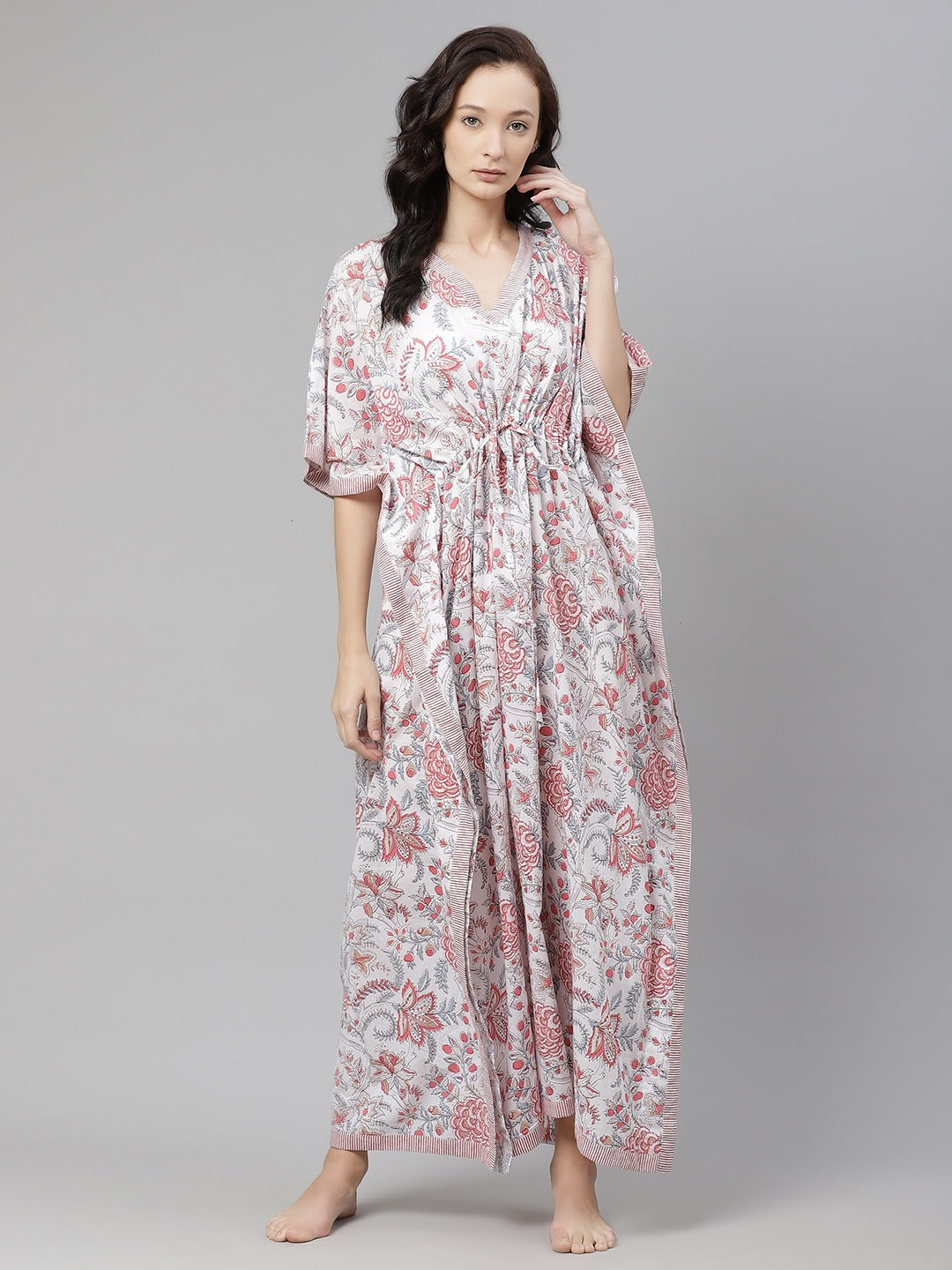 Women’s White & Pink Floral Print Cotton Maxi Kaftan PRICE: