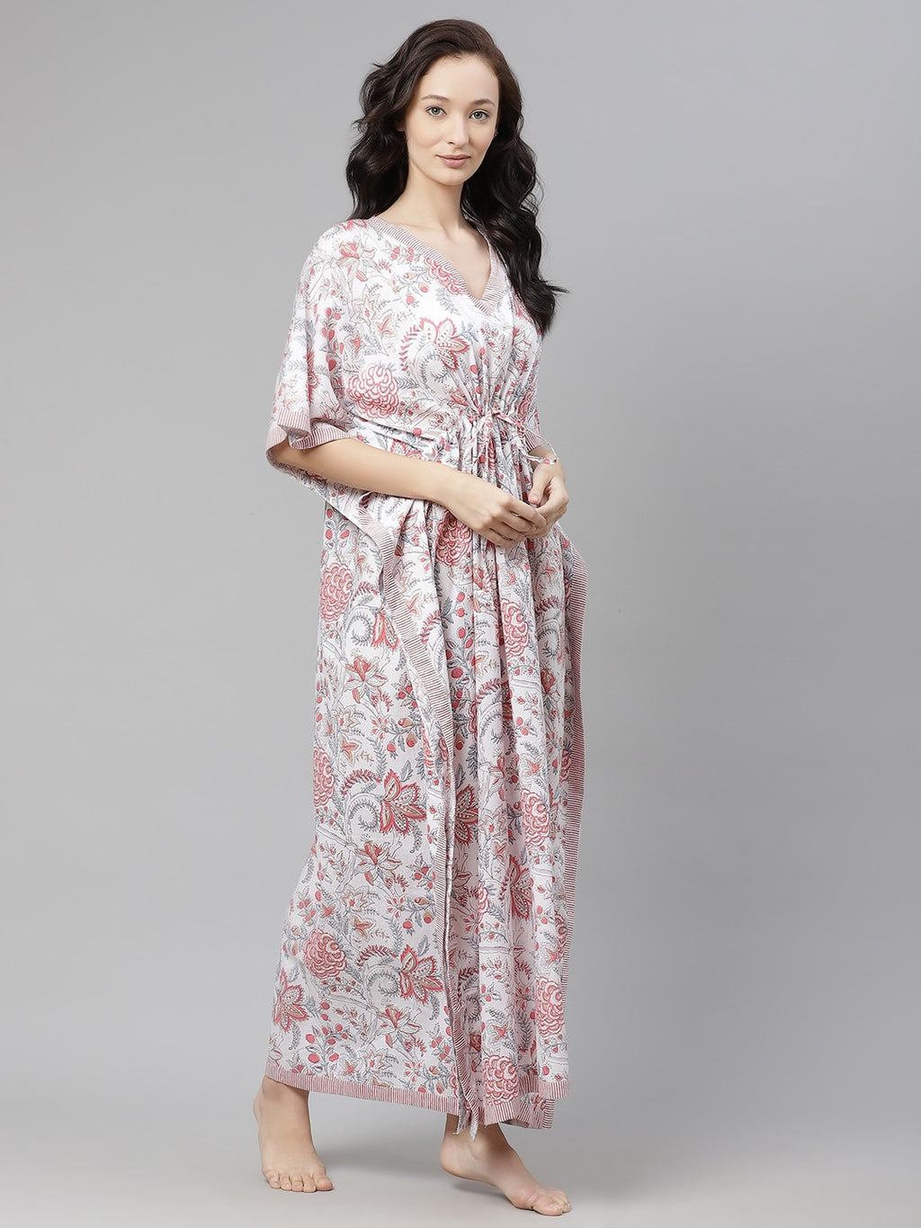 Women’s White & Pink Floral Print Cotton Maxi Kaftan PRICE: