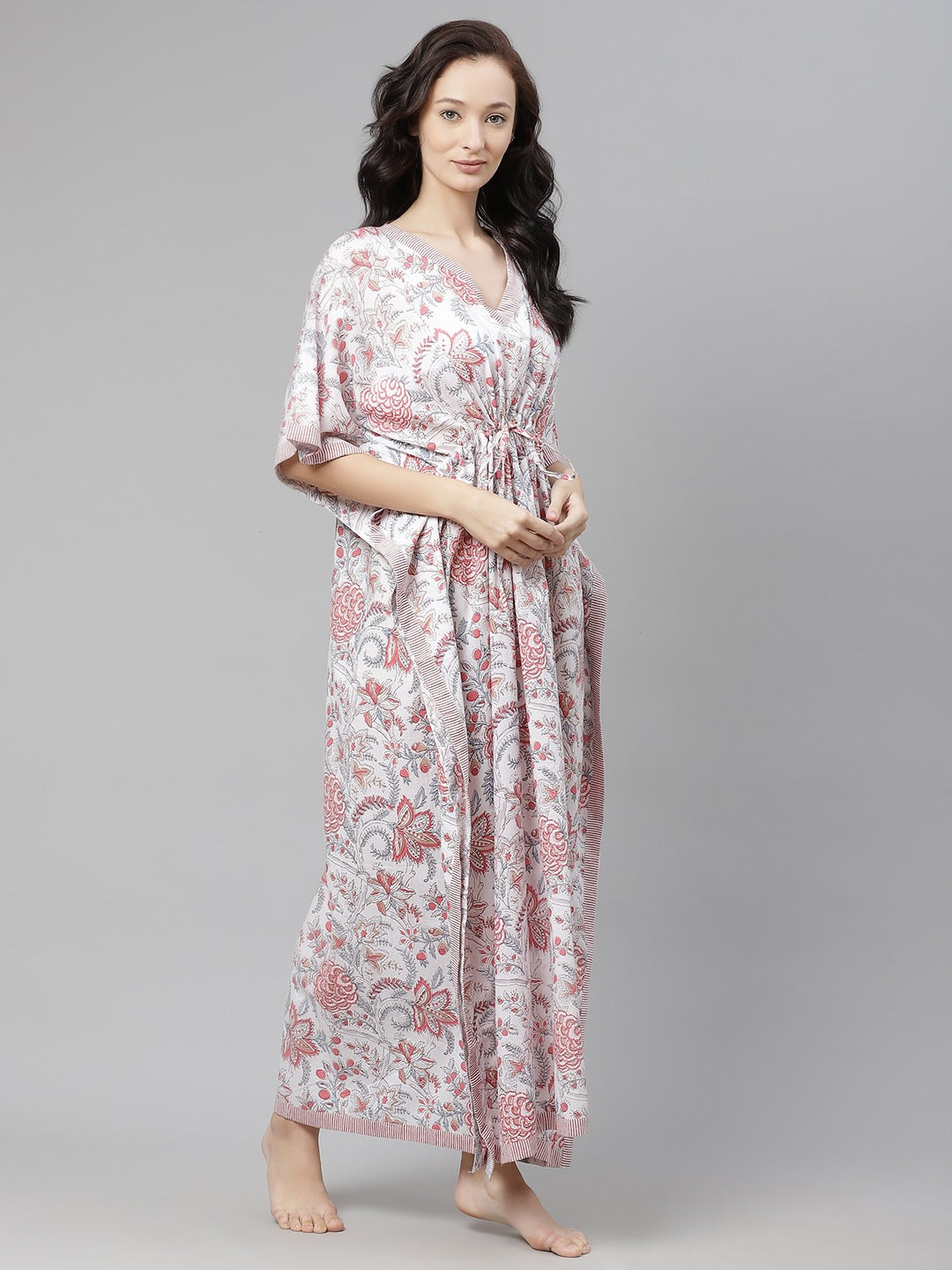 Women’s White & Pink Floral Print Cotton Maxi Kaftan PRICE:
