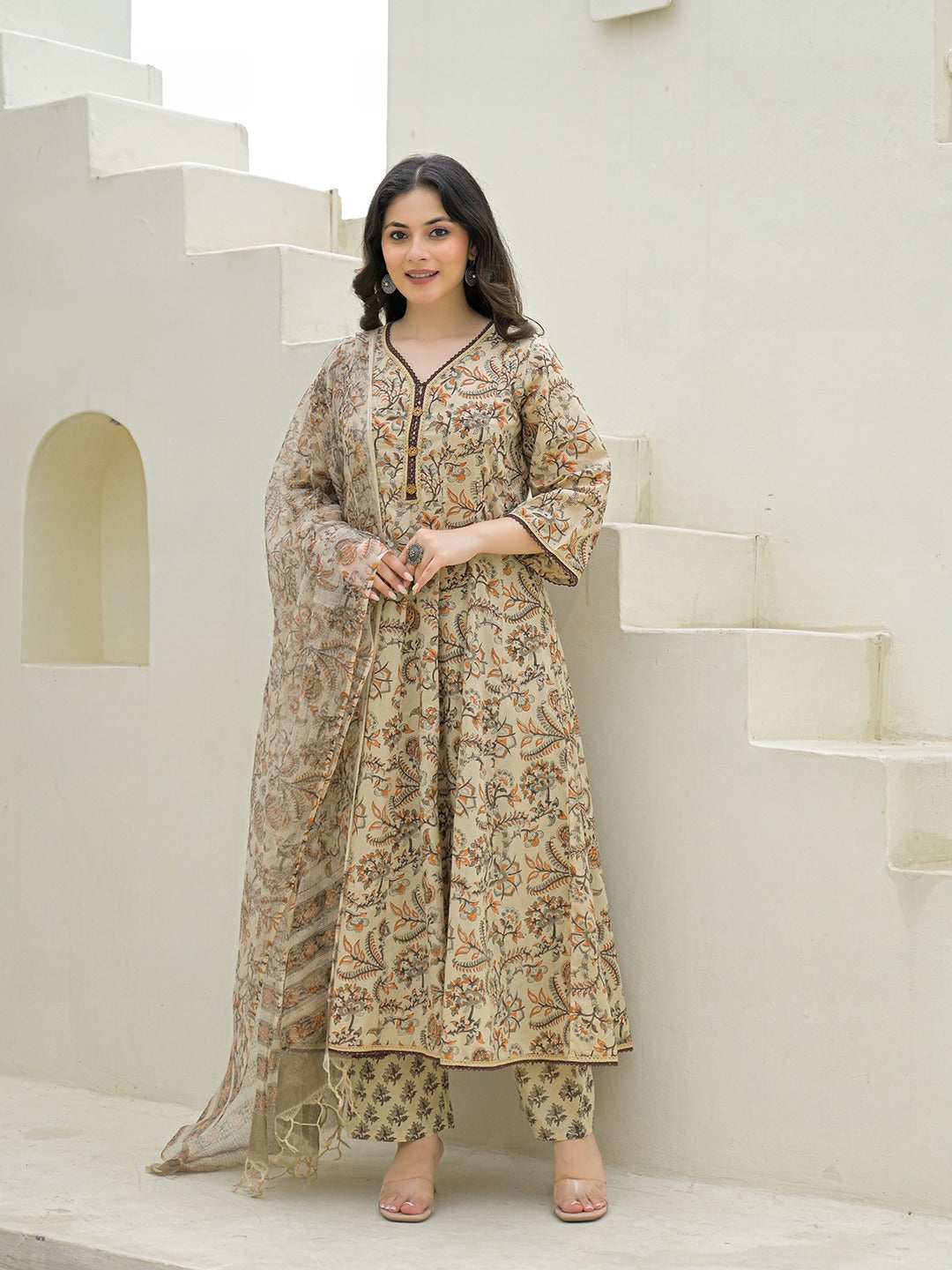 Women’s Beige Hand Block Anarkali Kurta Pant Set with Dupatta
