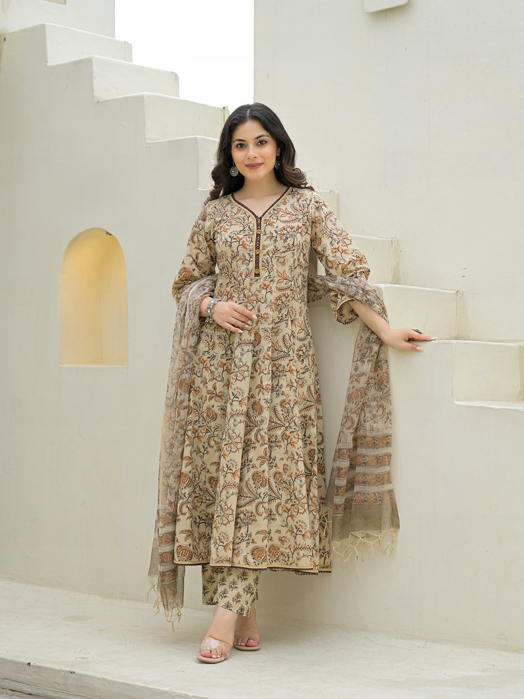 Women’s Beige Hand Block Anarkali Kurta Pant Set with Dupatta