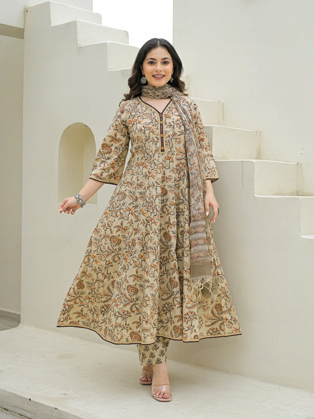 Women’s Beige Hand Block Anarkali Kurta Pant Set with Dupatta