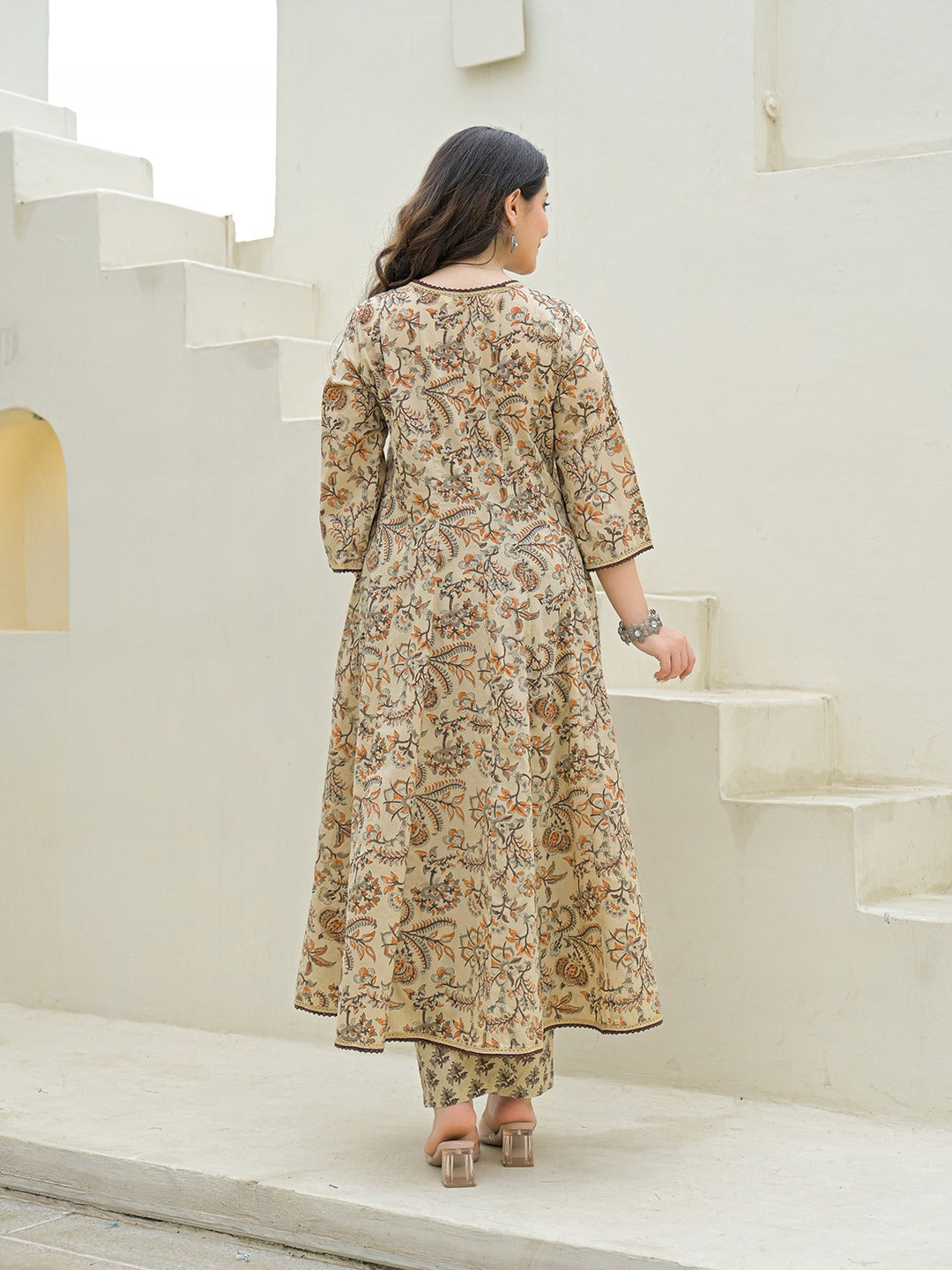 Women’s Beige Hand Block Anarkali Kurta Pant Set with Dupatta