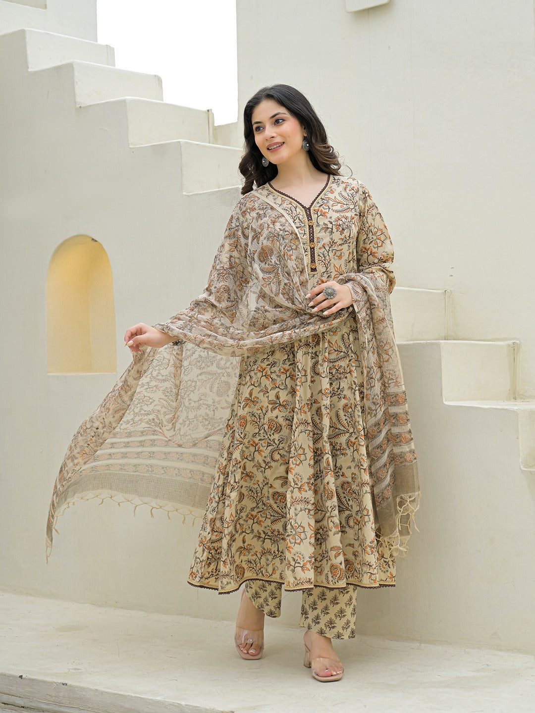 Women’s Beige Hand Block Anarkali Kurta Pant Set with Dupatta