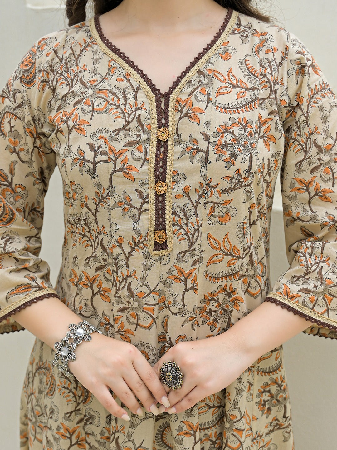 Women’s Beige Hand Block Anarkali Kurta Pant Set with Dupatta