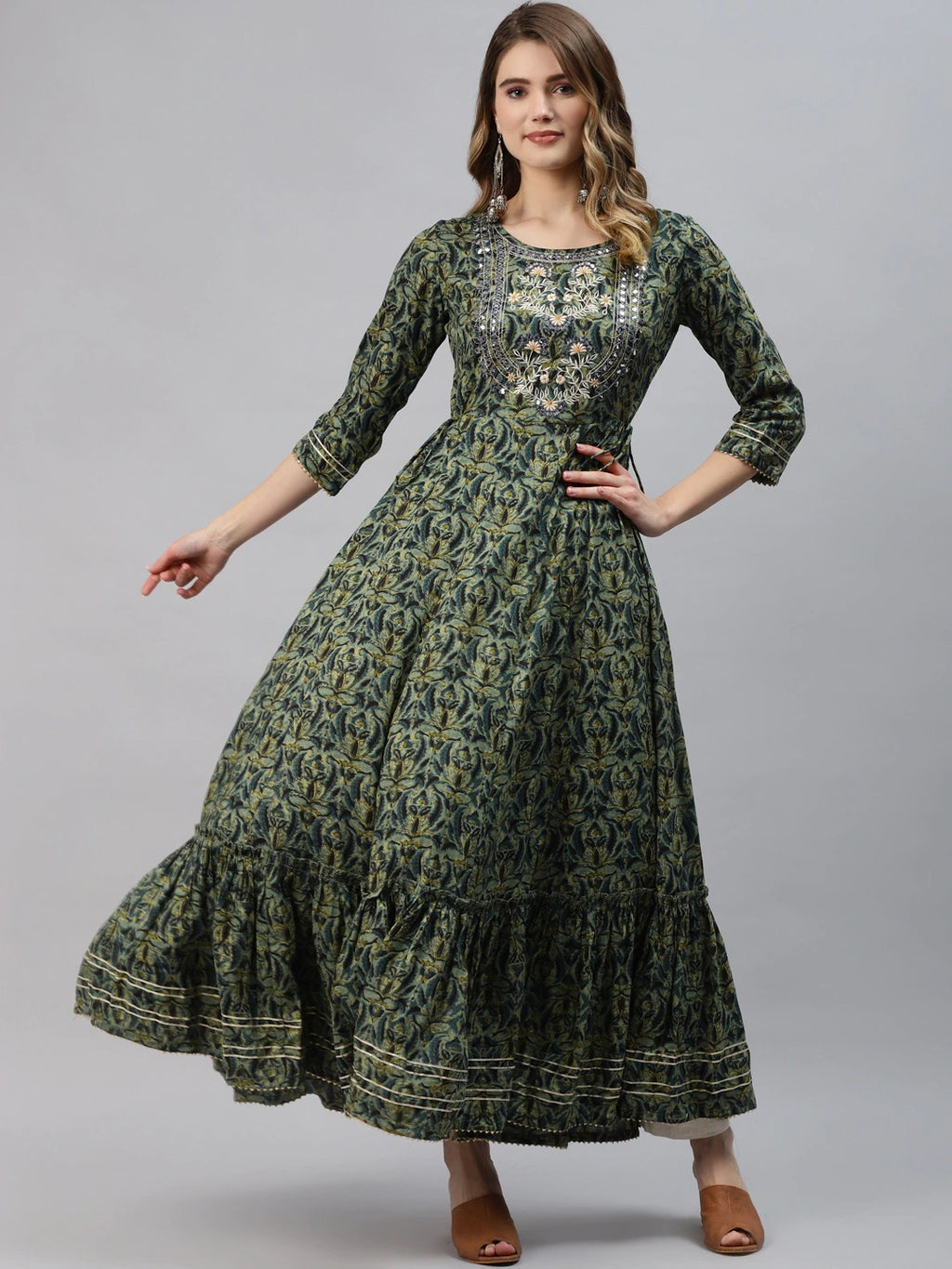 Women’s Dark Green Floral Anarkali Kurta with Mirror Work