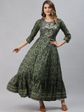 Women’s Dark Green Floral Anarkali Kurta with Mirror Work