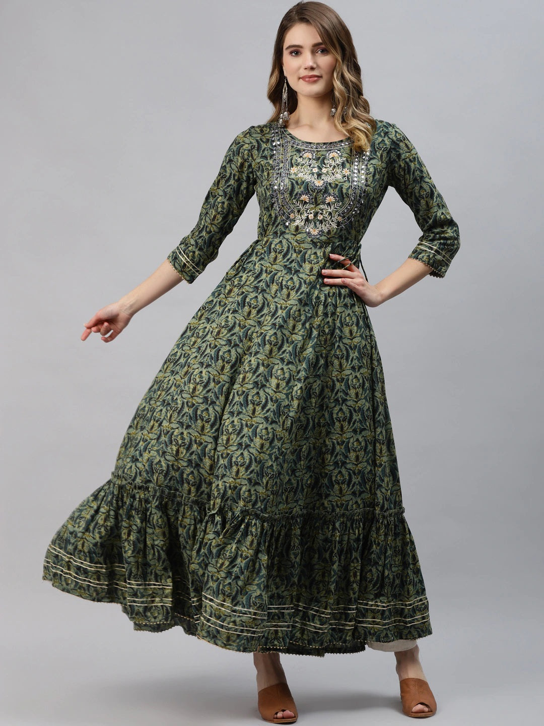 Women’s Dark Green Floral Anarkali Kurta with Mirror Work